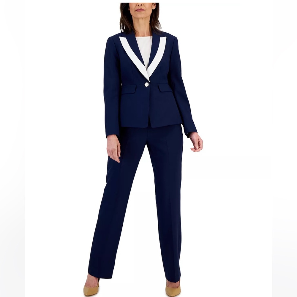 • Le Suit Contrast Trim Peak Lapel Pantsuit •